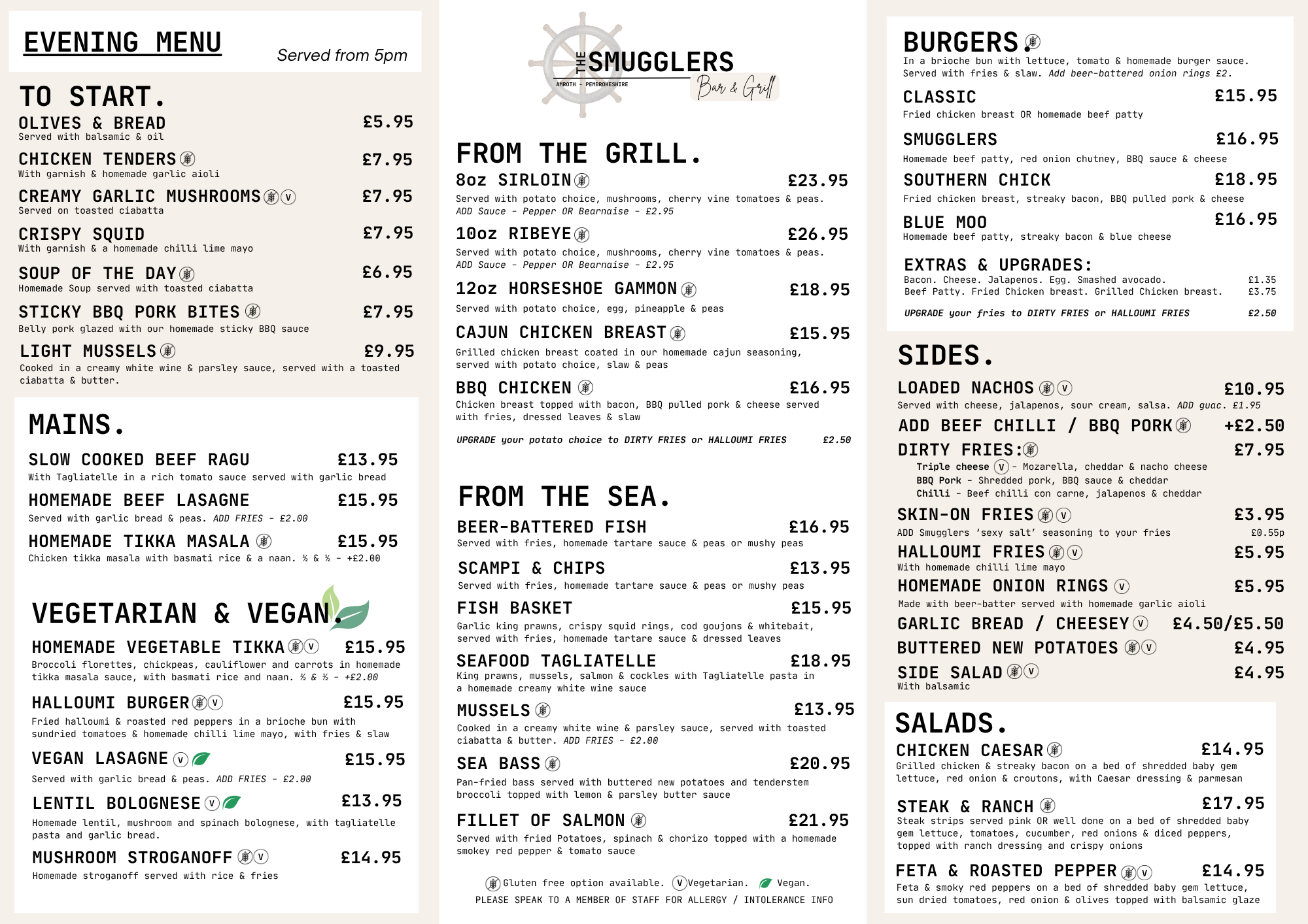 Smugglers Bar & Grill - Menus