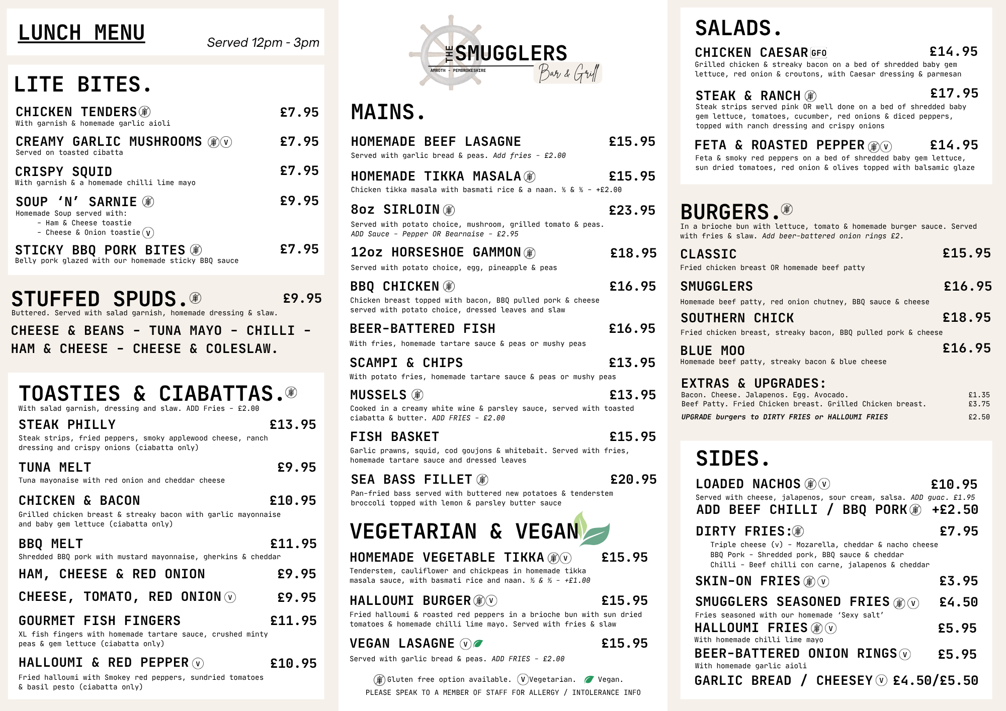 Smugglers Bar & Grill - Menus